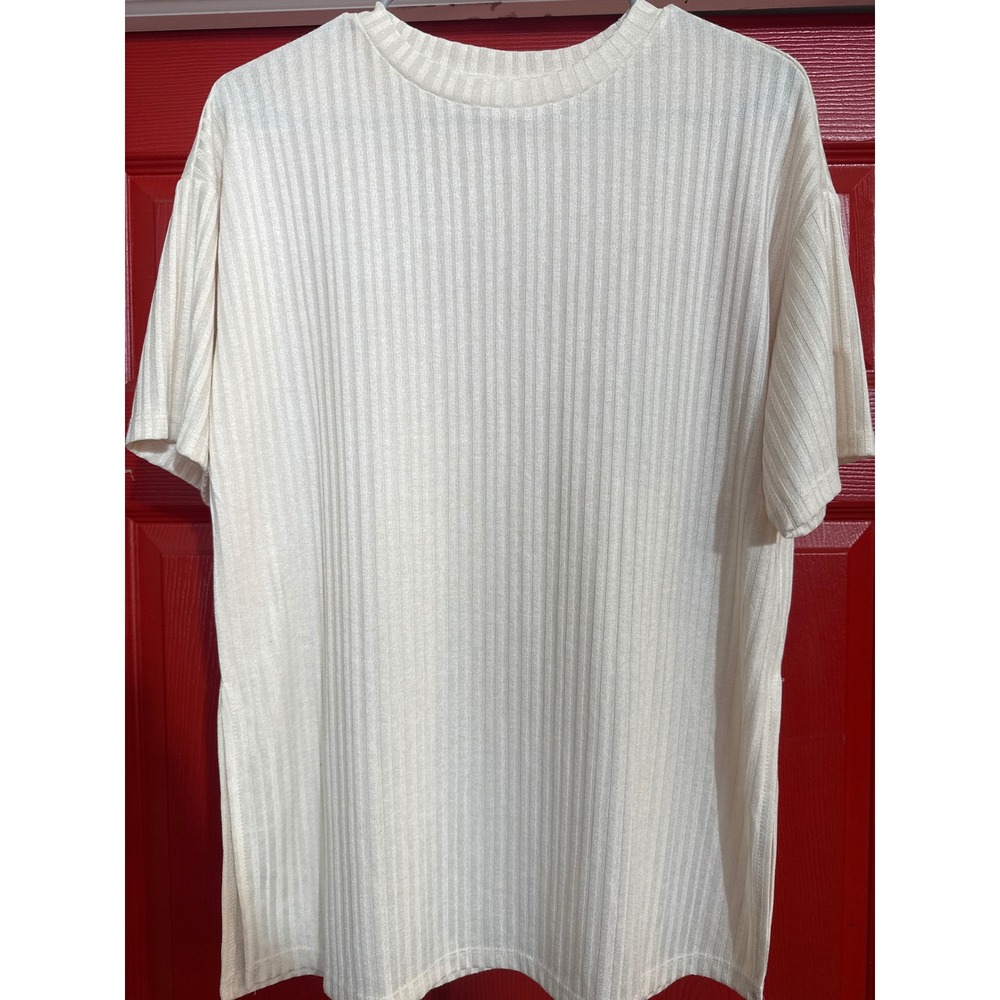 HM Ribbed Knit Short Sleeve Top Cream Off White Crew‎ Neck Relaxed Fit Small